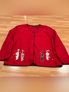 Stephanie Rogers  Red Fleece Cat Winter/Christmas Button Down